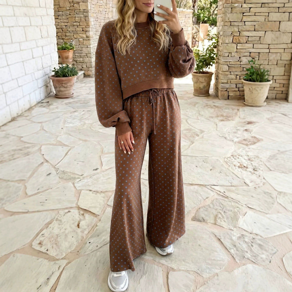 High-waisted stretchy relaxed and lazy polka dot printed wide-leg pants set