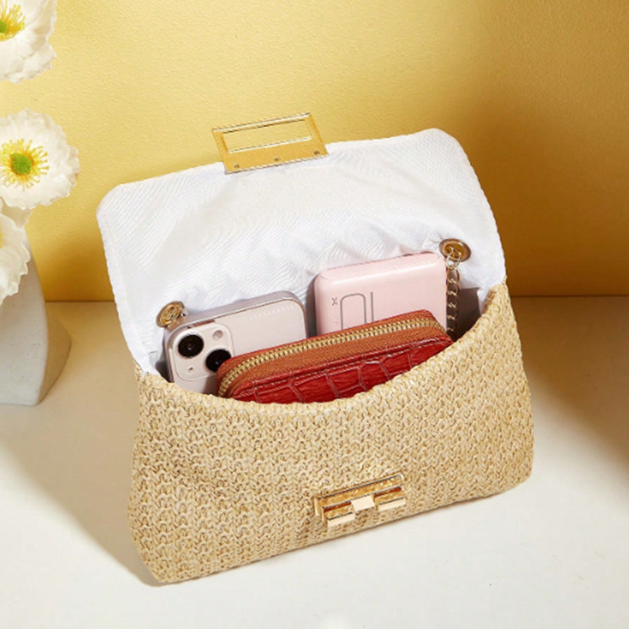 Straw Double-Ended Lock Shoulder Bag Chain Crossbody Bag