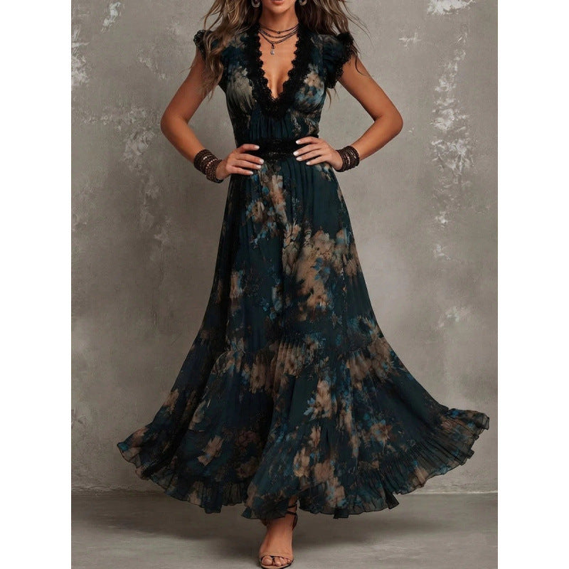 Floral Lace V-Neck Flutter Sleeve Chiffon Dress