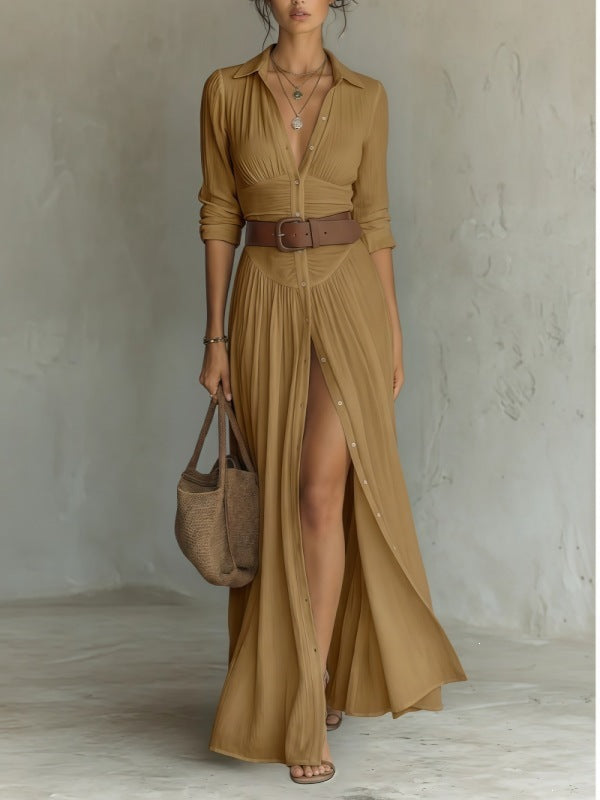 Womens V-Neck Belted Shirt Dress