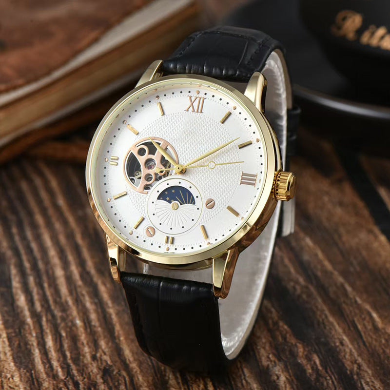 Men's Automatic Mechanical Watch Genuine Leather Strap Waterproof Round Dial Fashion Wristwatch