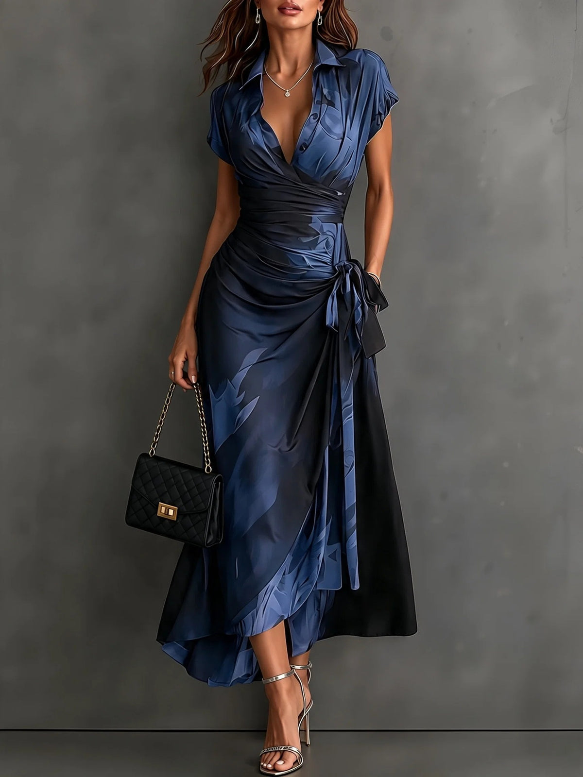 Womens Ink Print Wrap Dress with Collar Short Sleeves High Waist Tie Side Slit