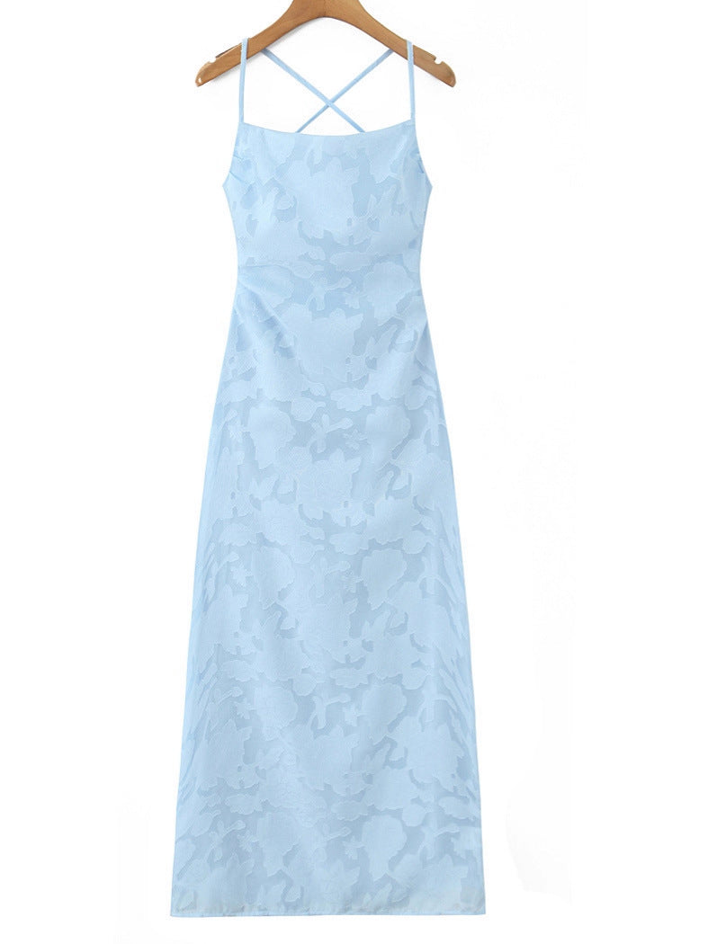 Blue Jacquard Backless Long Dress