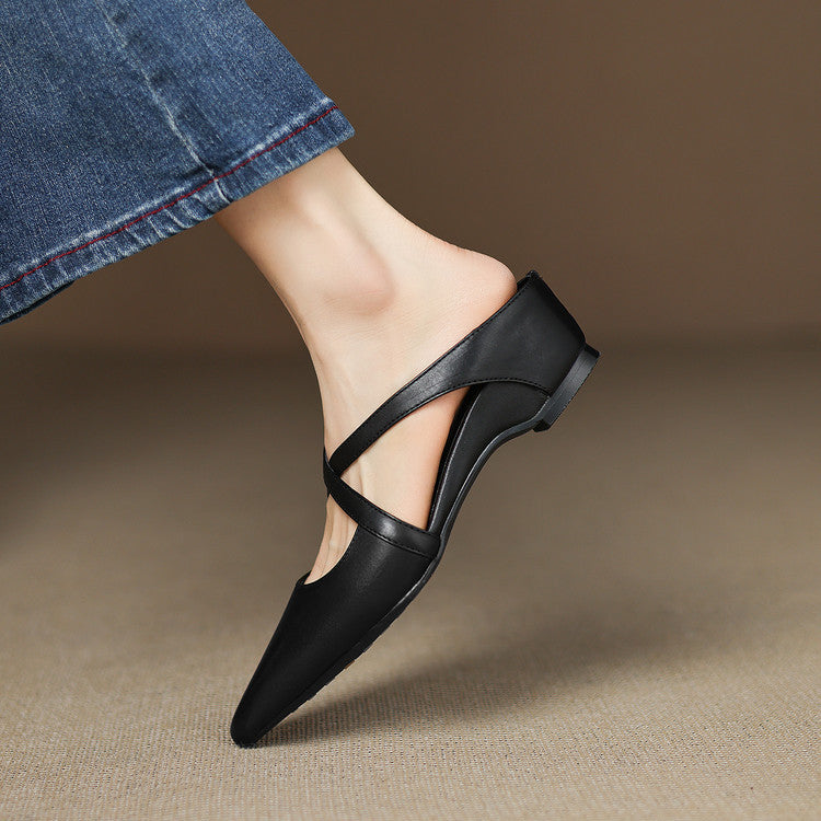Wasteland Style Retro First-Layer Washed Cowhide Pointed-Toe Mules for Outer Wear and Inner Heightening Cross-Strap Toe-Cap Sandals for Women