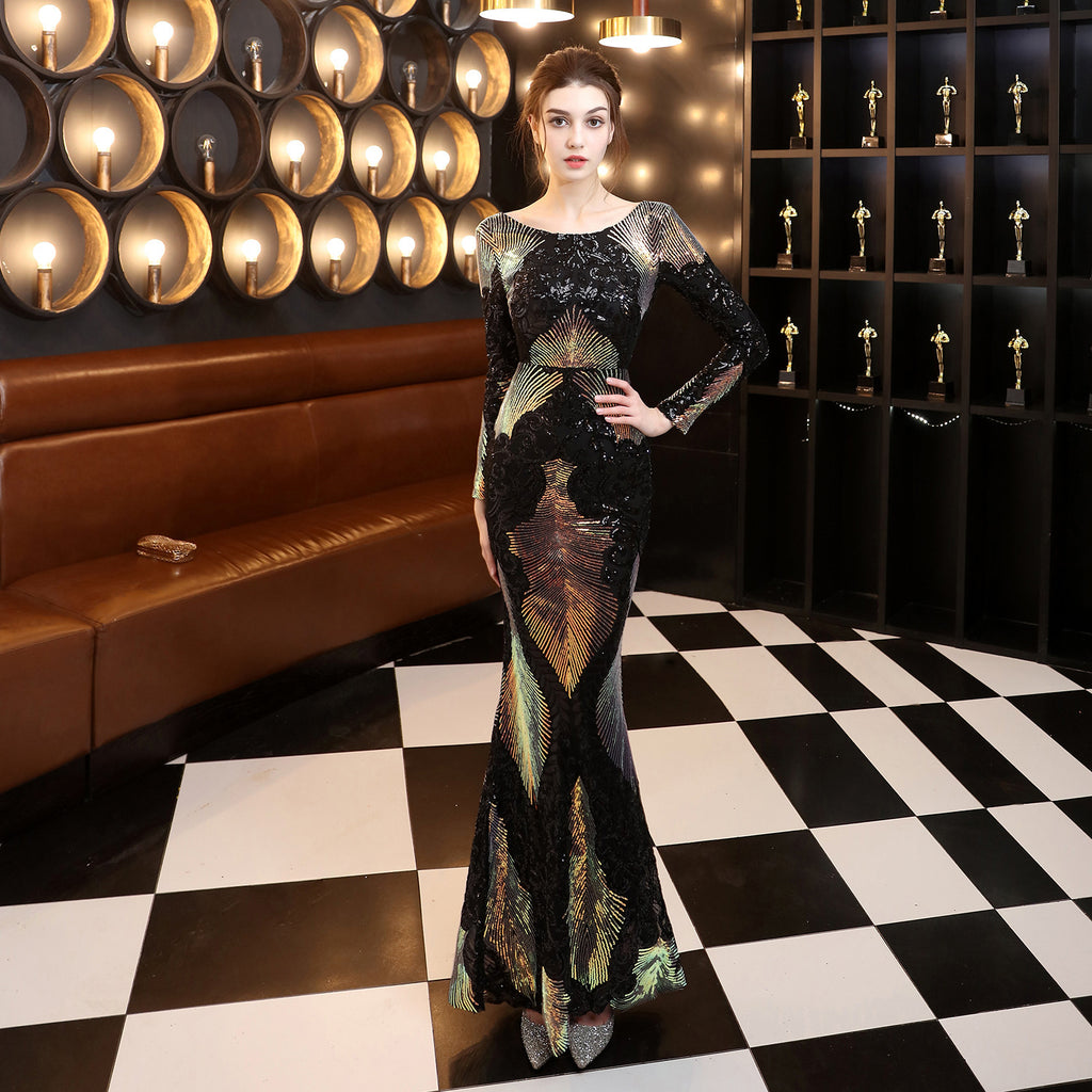 Elegant Sequined Evening Dress with Long Sleeves