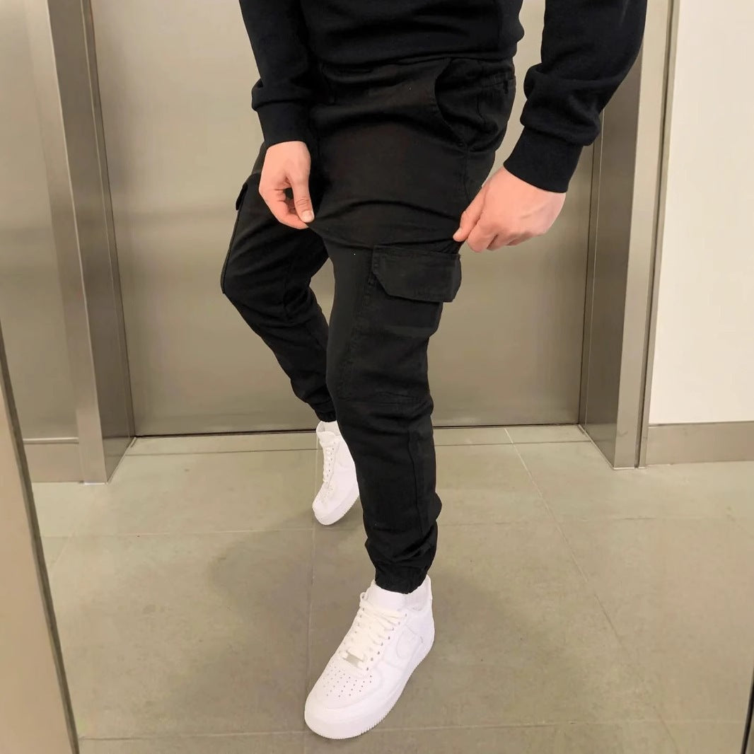 Mens Three-Dimensional Pocket Cargo Pants Elastic Waist Drawstring Loose Fit Casual Trousers