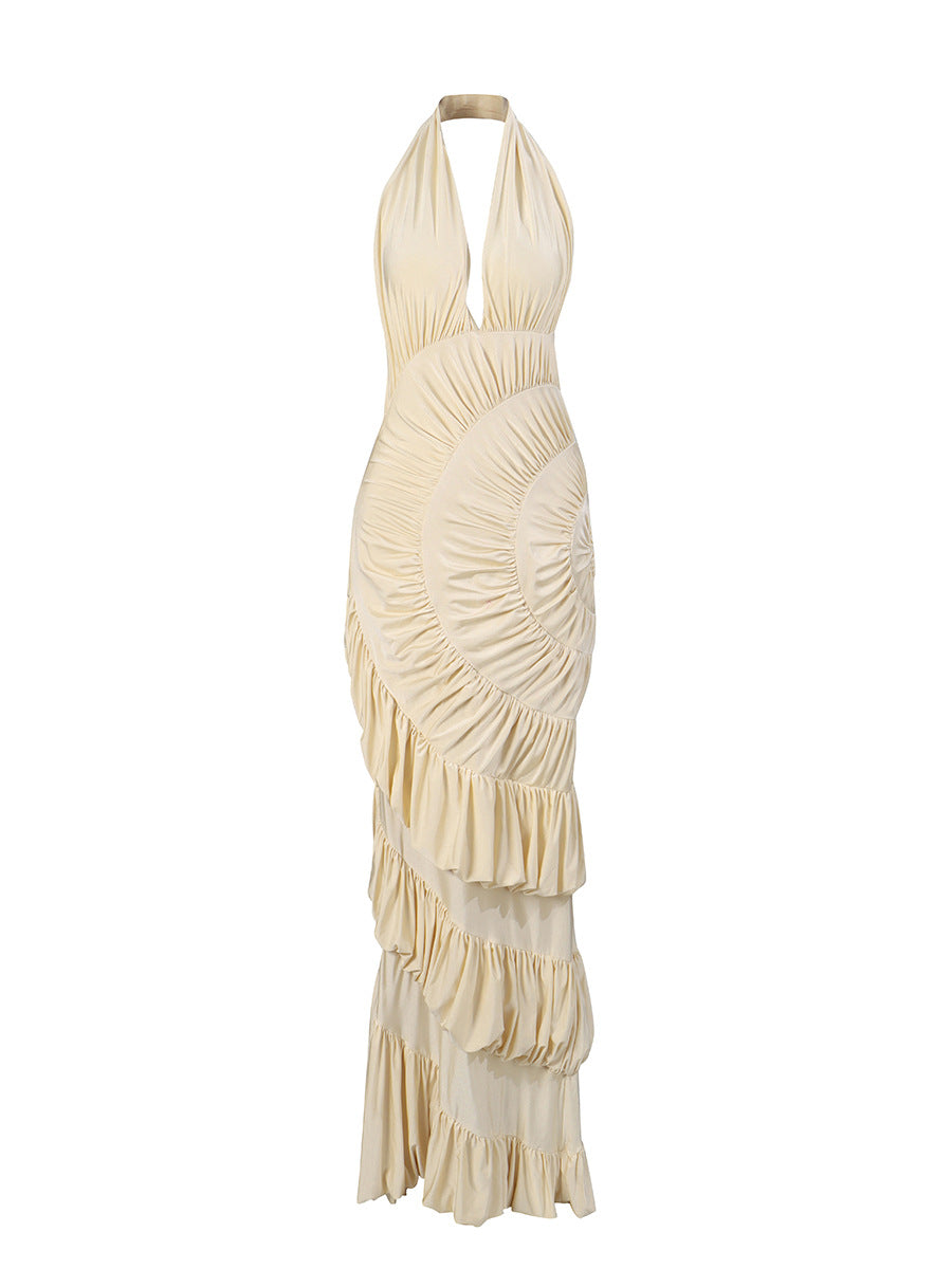 Apricot Halter Neck Backless Long Dress Women Pleated Ruffle Fishtail Evening Gown