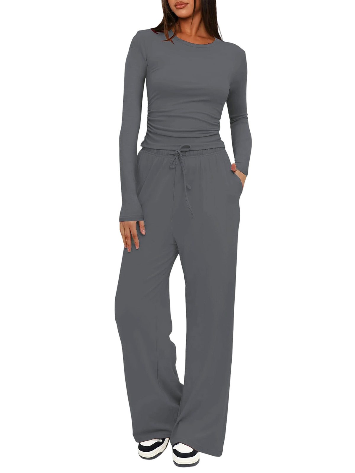 Solid Color Long Sleeve Top and High Waisted Wide Leg Pants Sportswear Set