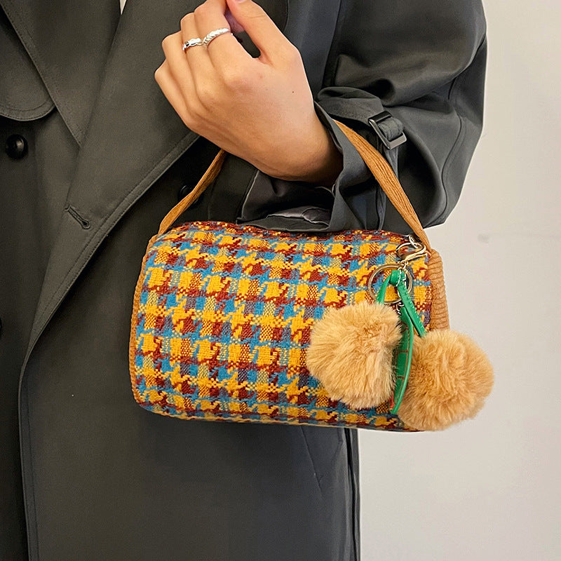 Classic Houndstooth Bucket Handbag Cute Portable Corduroy Makeup Gift Bag
