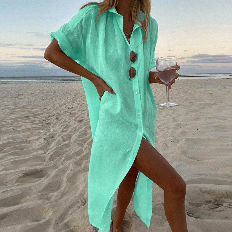 Solid Color Long Sleeve Cotton Linen A-Line Dress