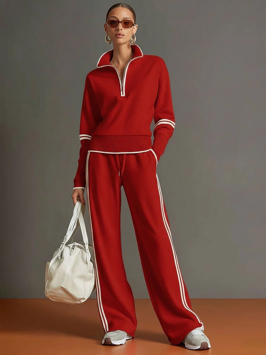 Women's Half Zip Knit Set with Wide Leg Pants