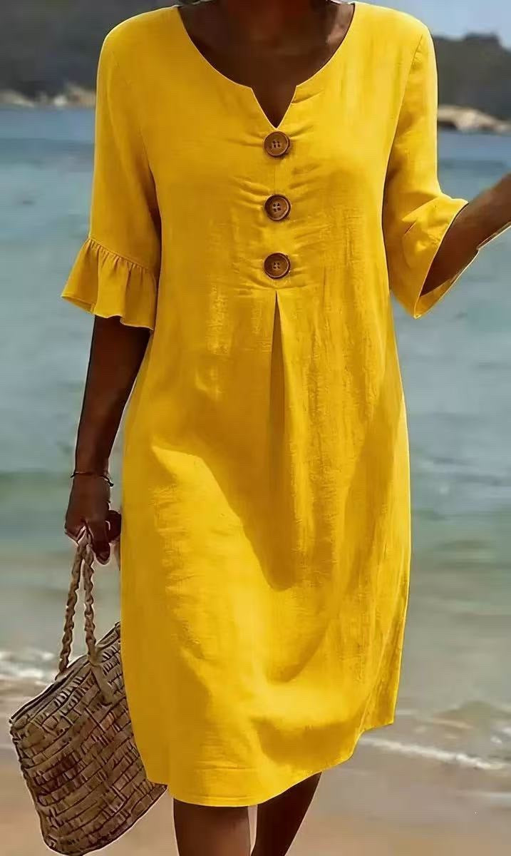 Womens V-Neck Linen Blend Dress