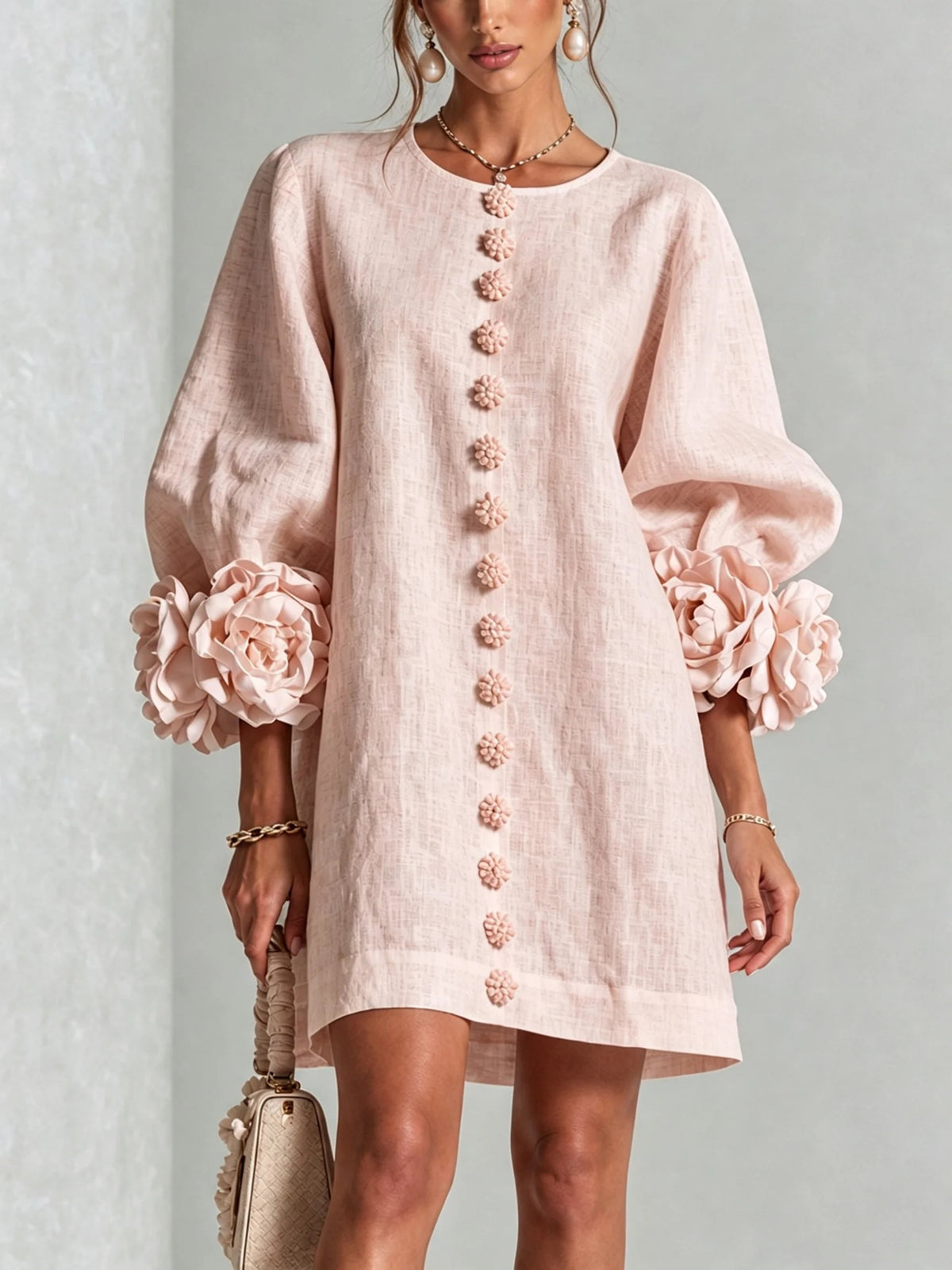 French Floral Cotton Linen A-Line Dress
