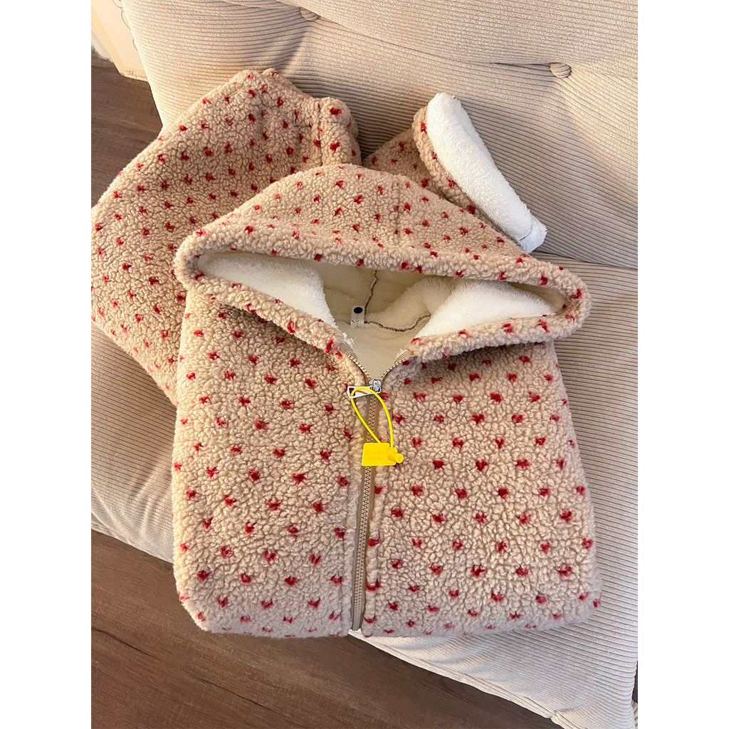 Women's Christmas Polka Dot Three-Layer Quilted Cotton Fleece-Lined Hooded Pajama Set