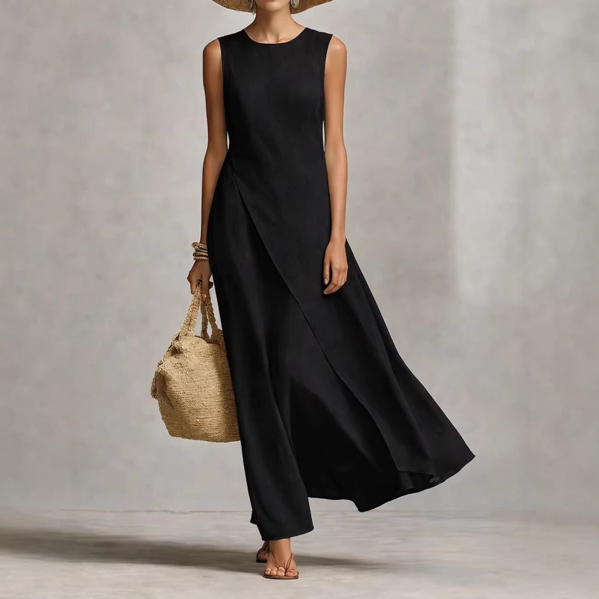Sleeveless Asymmetrical Hem Cotton Linen Dress