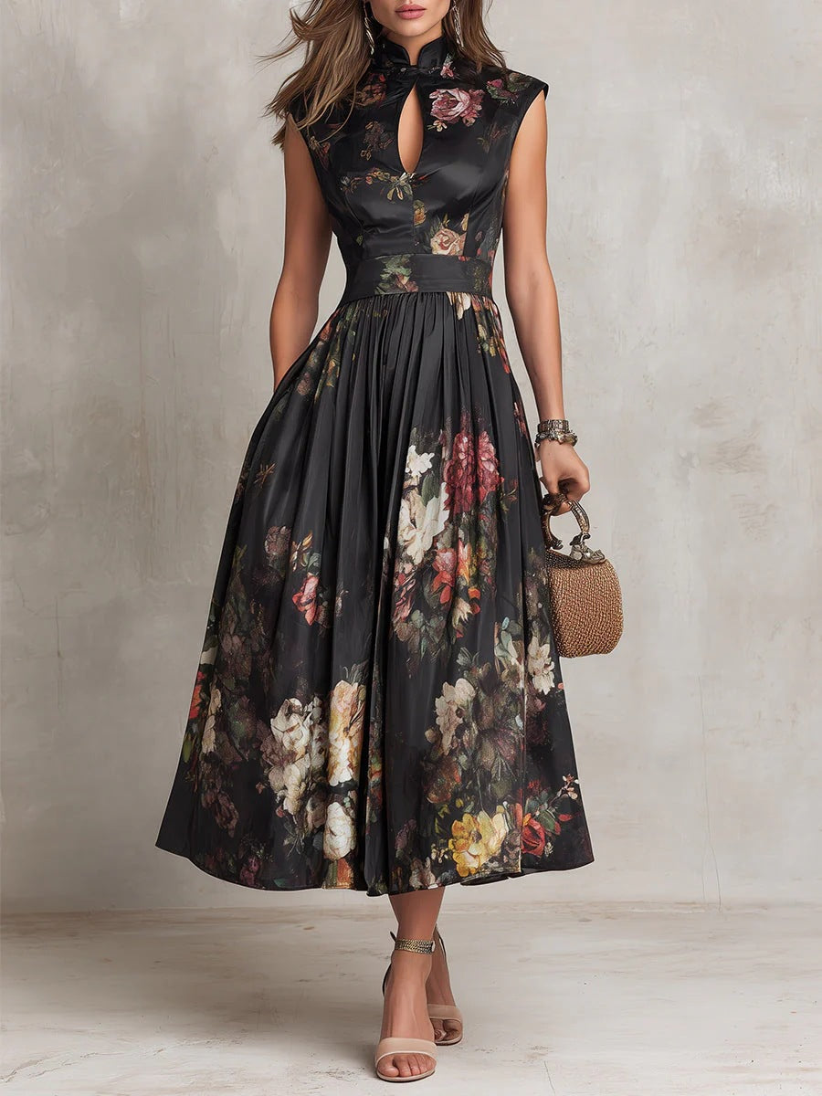 Women Sleeveless Floral Print Slim Fit Long Dress