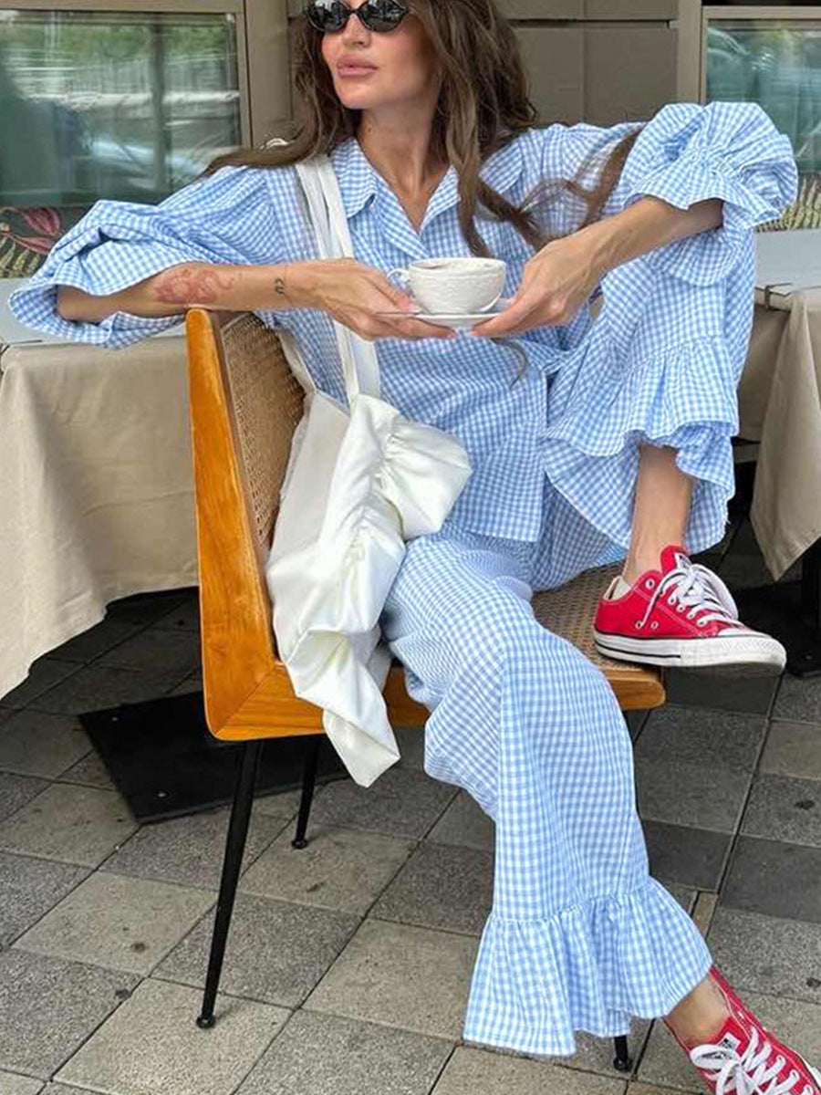 Cross-Border Pure Cotton Plaid Long-Sleeved Pants Two-Piece Set European and American 2025 Autum New Ruffled Shirt Pants Suit