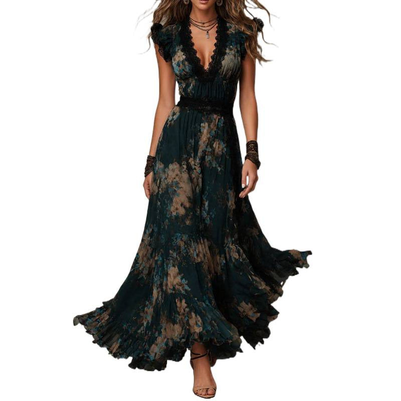 Floral Lace V-Neck Flutter Sleeve Chiffon Dress