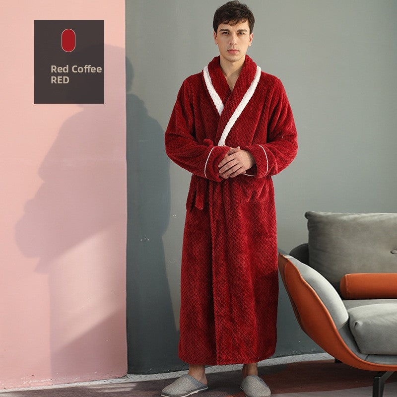 Long Thick Flannel Couple Bathrobe with Lapel Collar