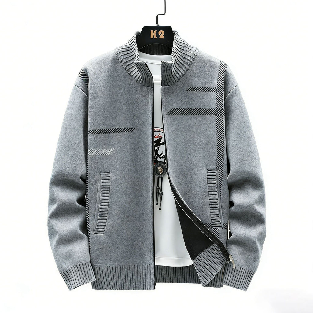 Men Fleece Lined Stand Collar Cardigan Sweater