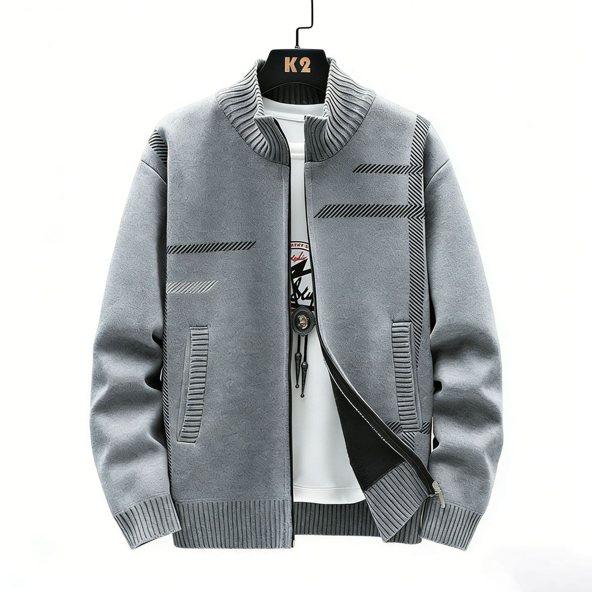 Men Fleece Lined Stand Collar Cardigan Sweater