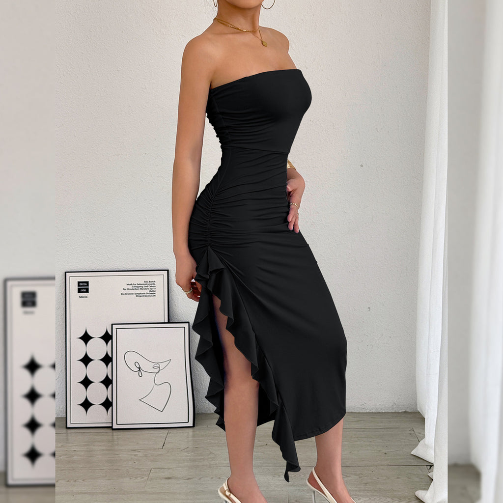 Women's Slim Fit Tube Top Bodycon Dress Slit Wrap Chest Solid Color