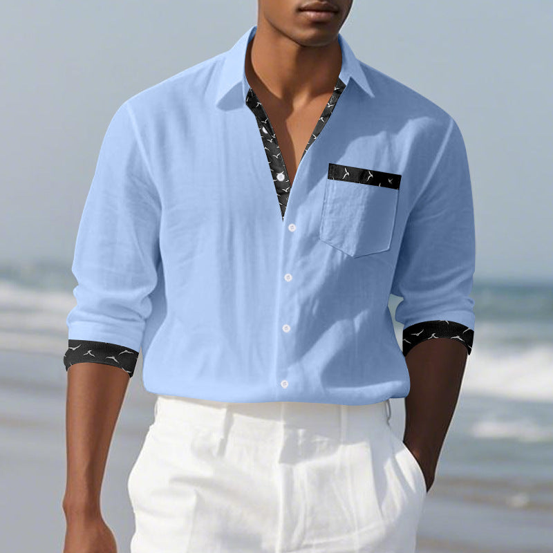 Men's Solid Color Long Sleeve Lapel Shirt Digital Print