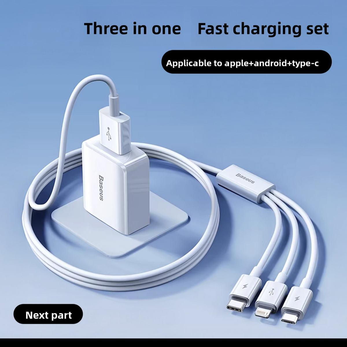 3-in-1 Charger with Data Cable and Triple-Output Charging Head
