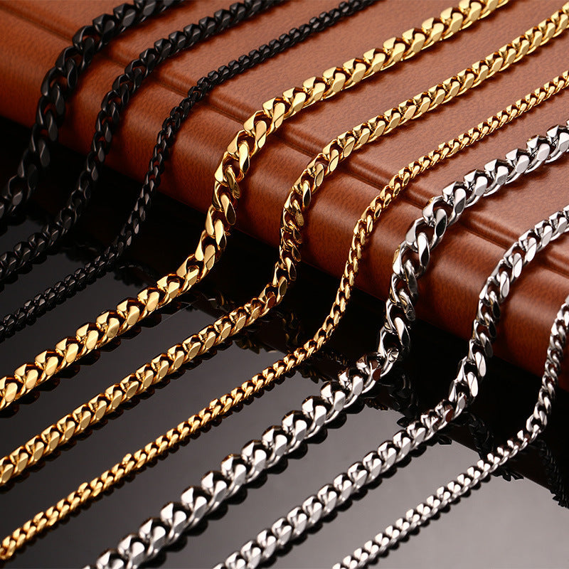 Six-Sided Mill Cuban Chain Necklace Bracelet Stainless Steel Hip Hop Jewelry