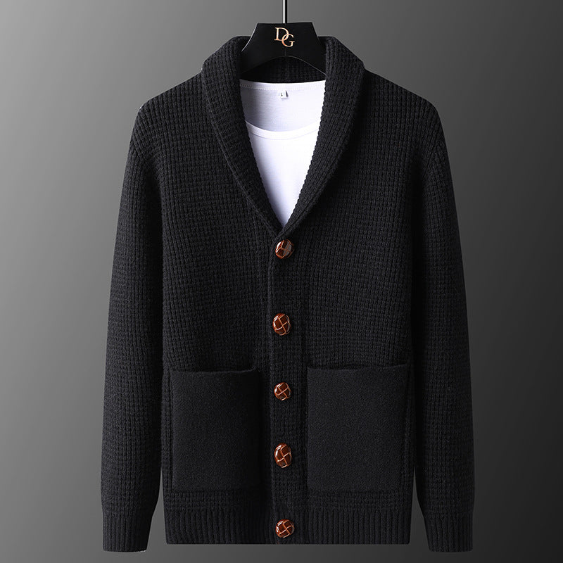 Men's Slim Fit Pocket Knit Cardigan with Turn Down Collar