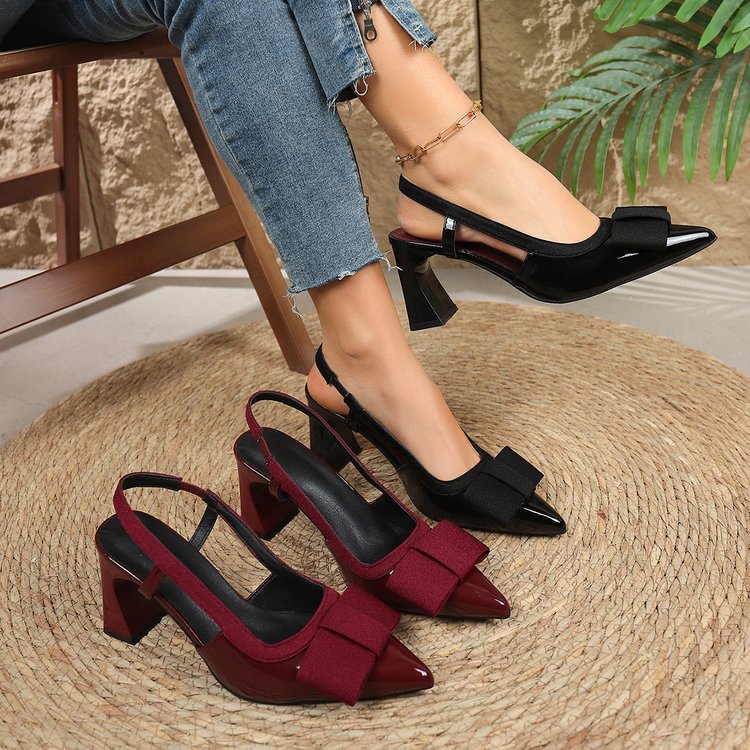 Women Pointed Toe Chunky Heel Bowknot Back Strap Closed Toe Summer Sandals