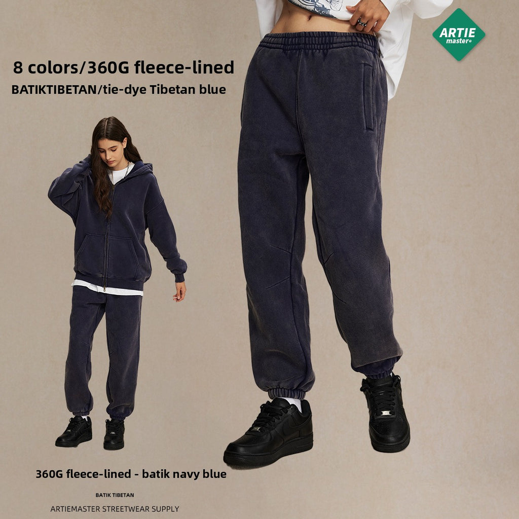 Men's garment dyeing distressed and padded double-headed zipper sweatshirt and pants set