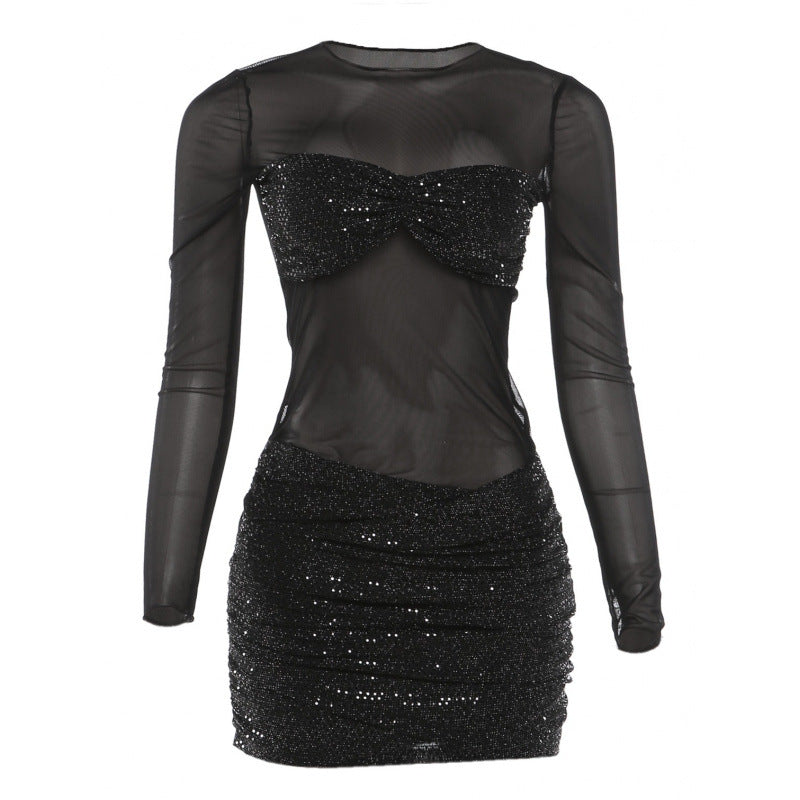 Womens Mesh Spliced Slim Fit Dress