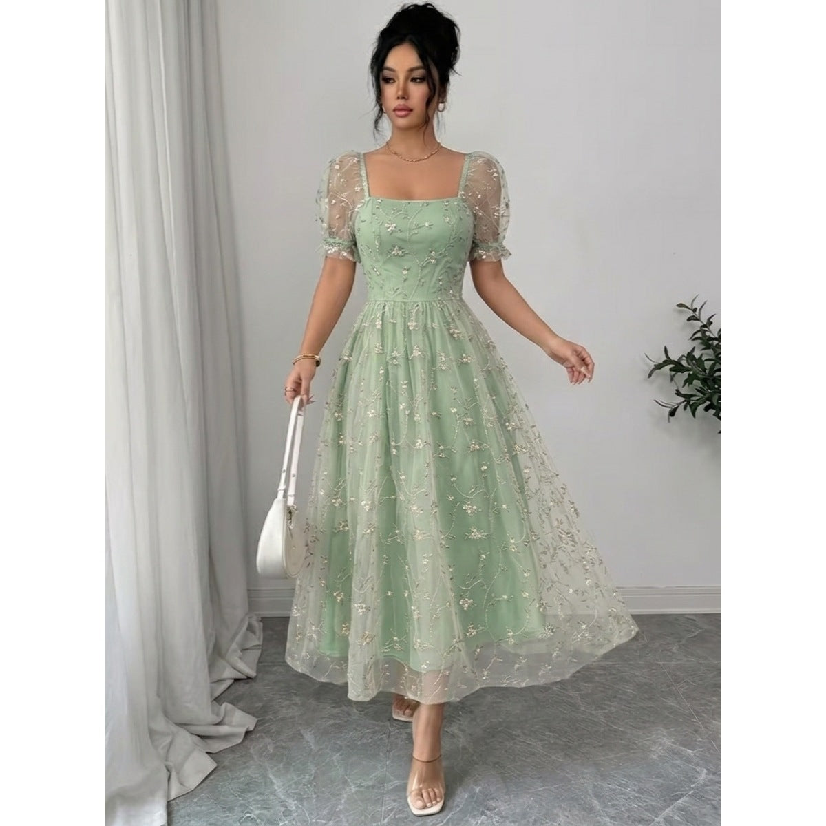 Womens Square Neck Puff Sleeve Embroidered Mesh Midi Dress