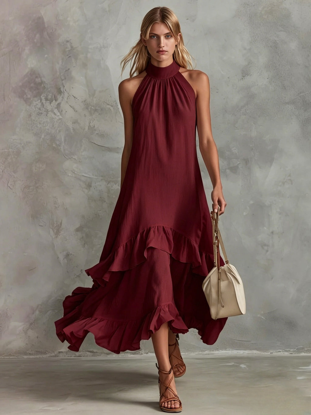 Women's Sleeveless Halter Ruffle Hem Mid-Length Summer Dress