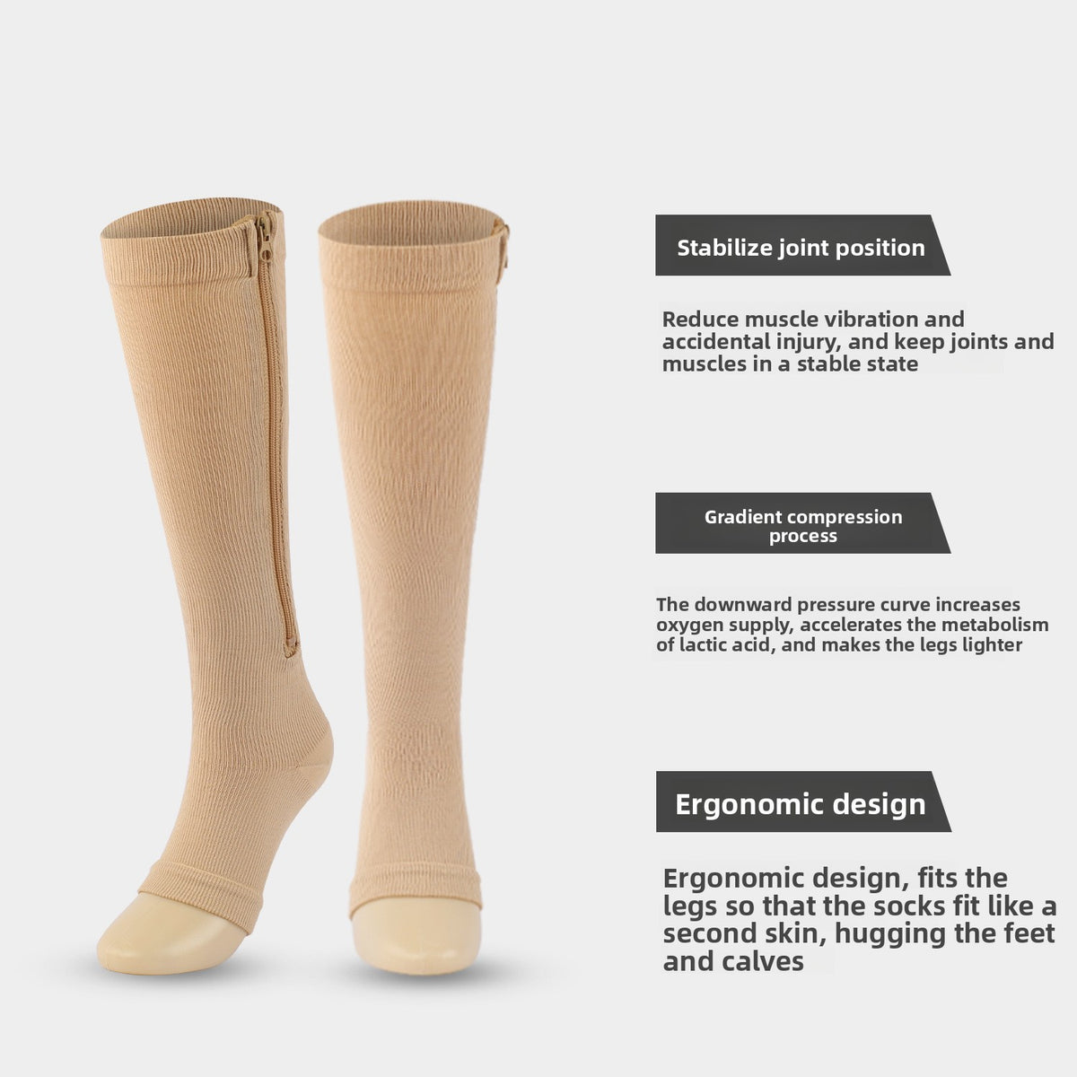 Sports Compression Socks with Zipper Nylon Elastic Mid-Calf