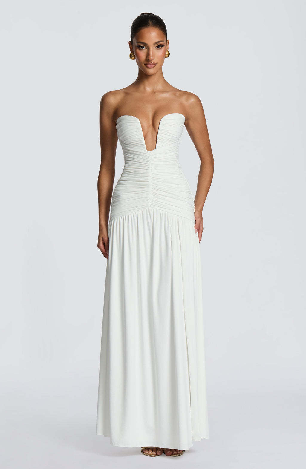 Women Elegant Solid Color Strapless High-Slit Ruched Slim-Fit Dress