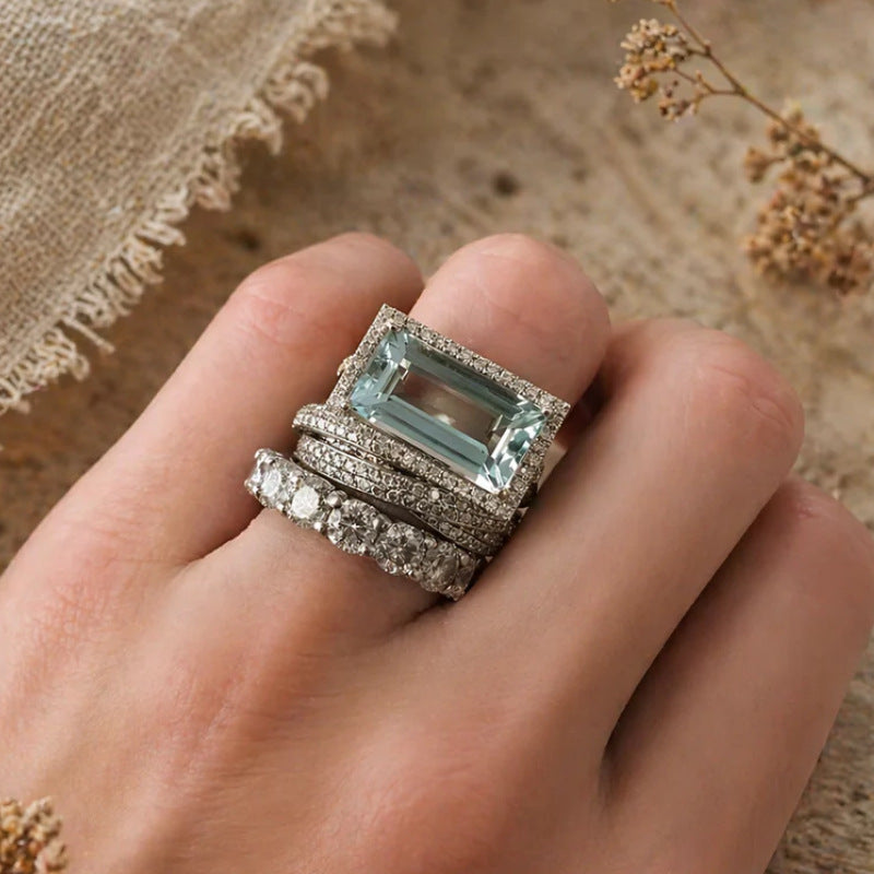 Women's Copper Zirconite Geometric Three-Piece Ring Set Luxury Electroplated Fashion Jewelry