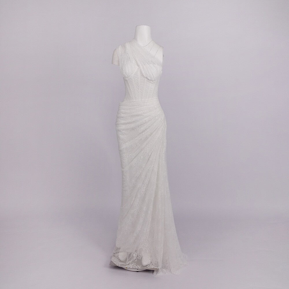 One-Shoulder Lace Long Dress with Stretch Bandage Fabric
