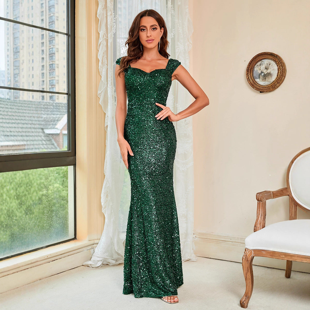 Elegant Green Sequined Evening Gown