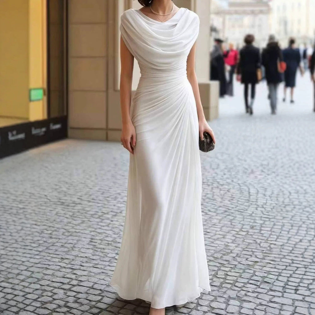 Elegant Ruched Sleeveless Draped Collar Midi Dress
