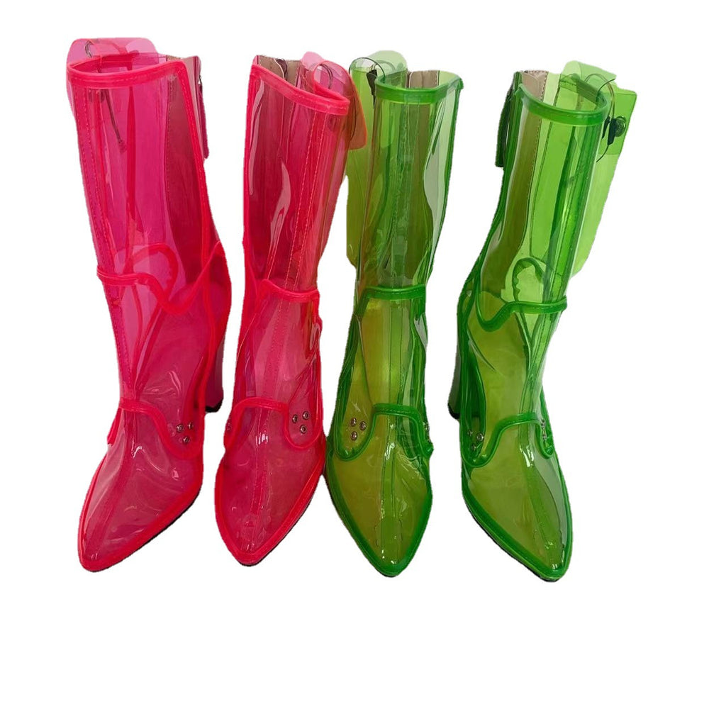 Transparent Film Pointed Toe Chunky Heel Boots