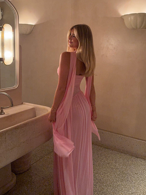 Womens Pleated Strapless Long Dress