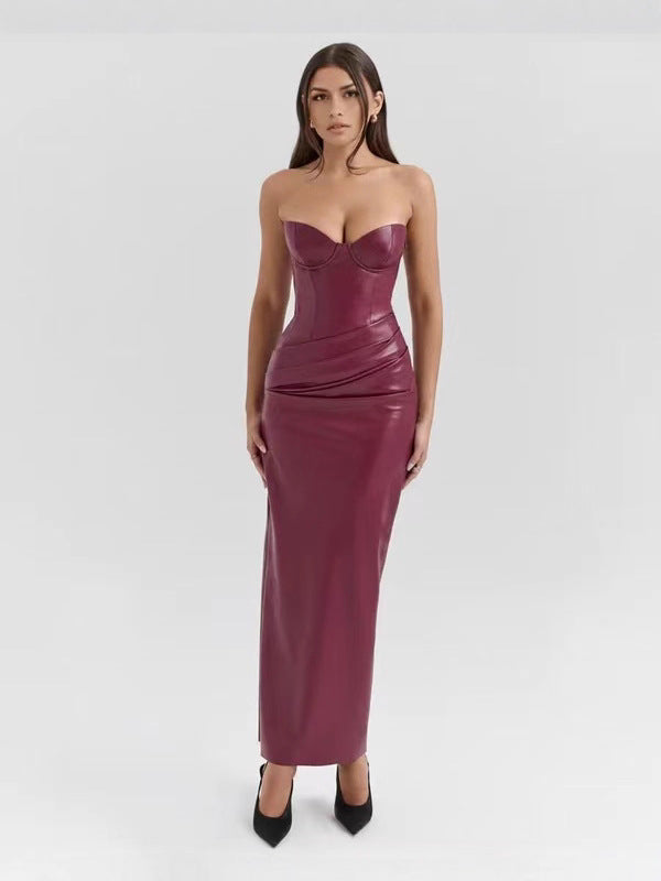 Leather Strapless Bodycon Long Dress