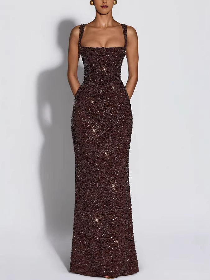 Women's Sequined Slim Fit Long Slip Dress Elegant Party Gown Sleeveless Evening Dress