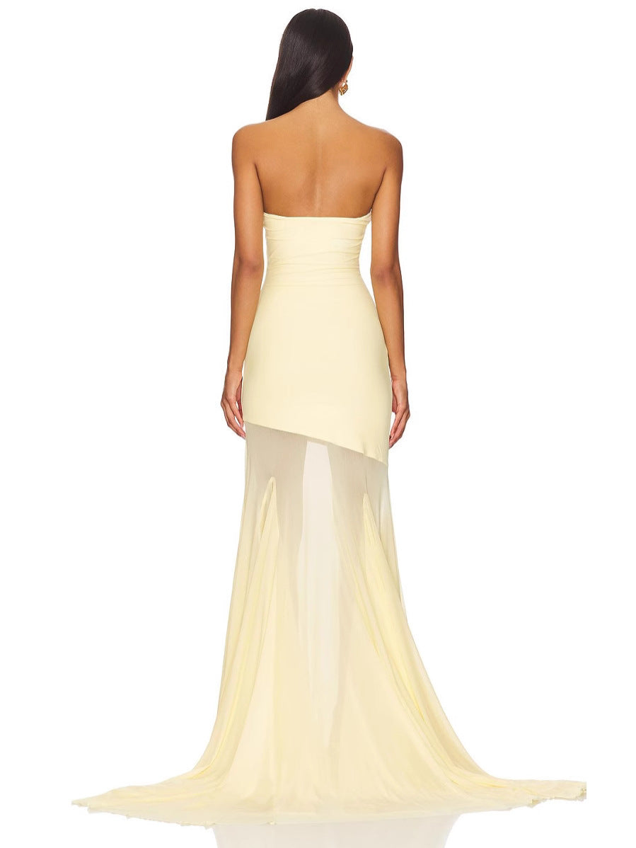 A full-skirted net-silk plain-colored long dress