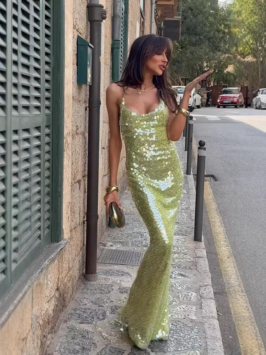 Backless Sequin Slim-Fit Long Dress