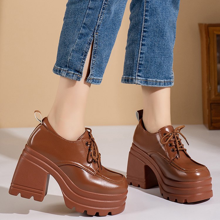 Women's British Style Round Toe Lace-Up Low Top Leather Flat Loafers