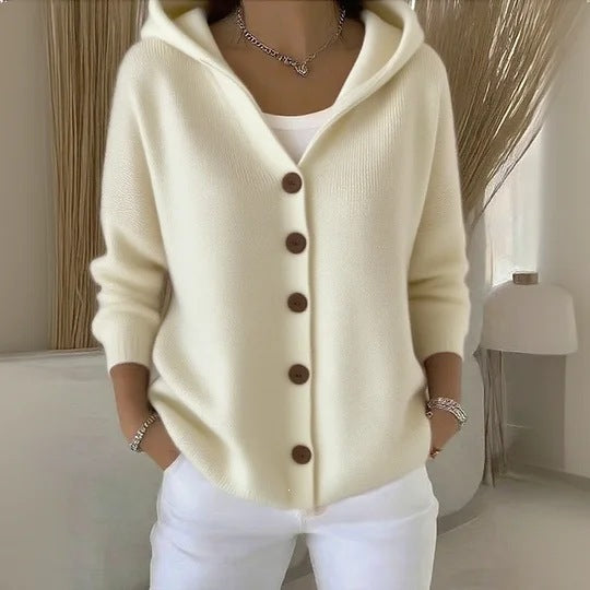 Women's Hooded Knitted Cardigan Solid Color Casual Fashion Sweater Jacket