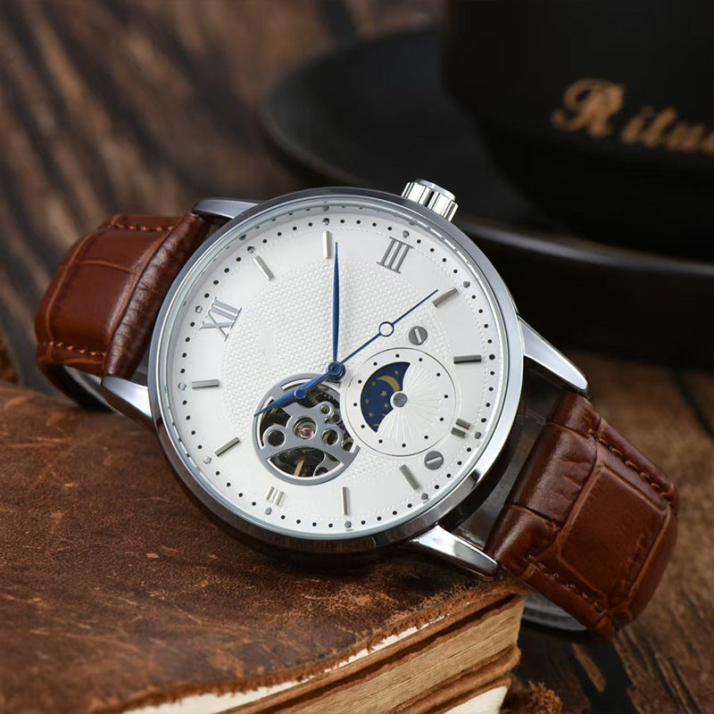 Men's Automatic Mechanical Watch Genuine Leather Strap Waterproof Round Dial Fashion Wristwatch